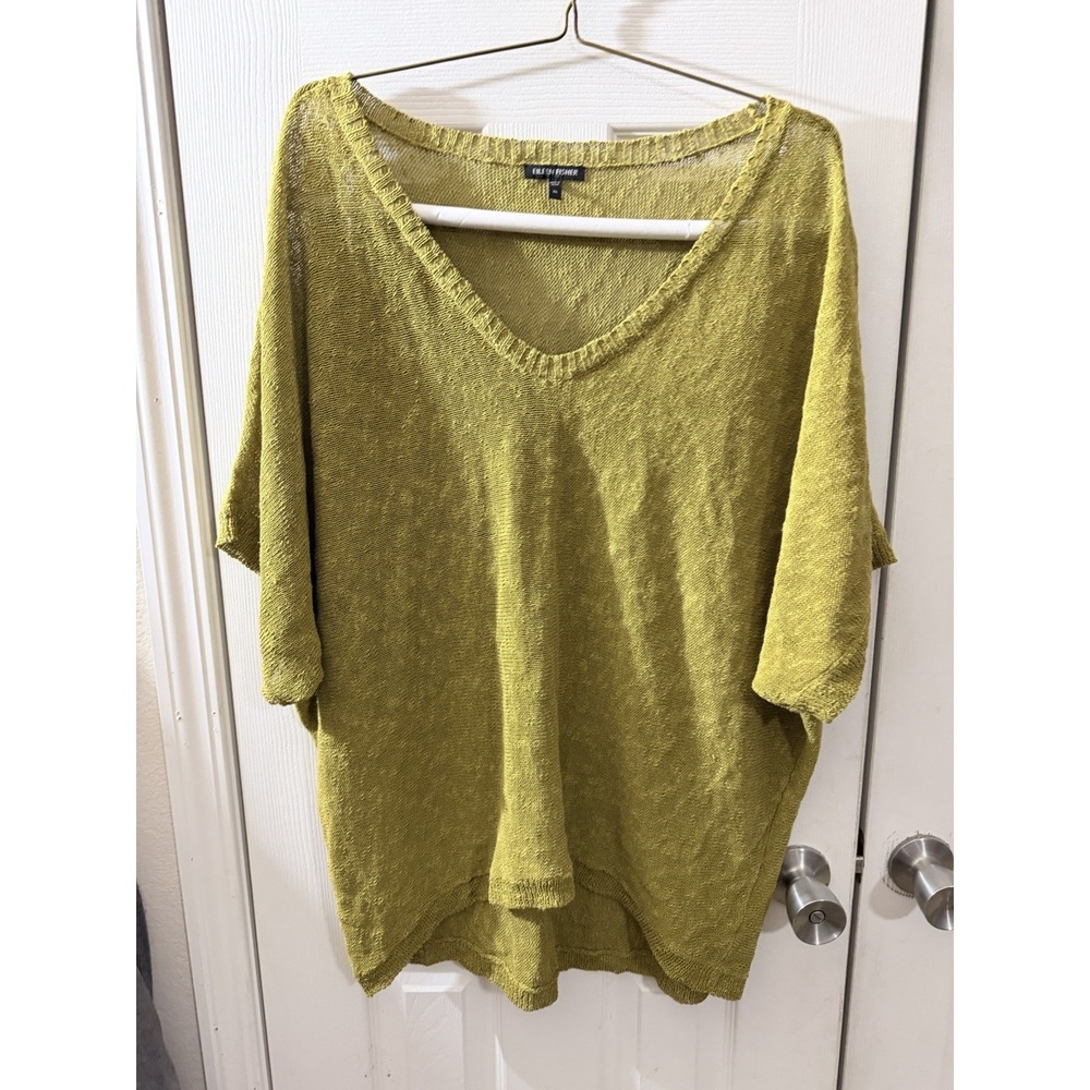 Eileen Fisher Green Gold Melange Linen Oval V Neck Sweater XL